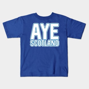 AYE SCOTLAND, Scottish Independence White and Saltire Blue Layered Text Slogan Kids T-Shirt